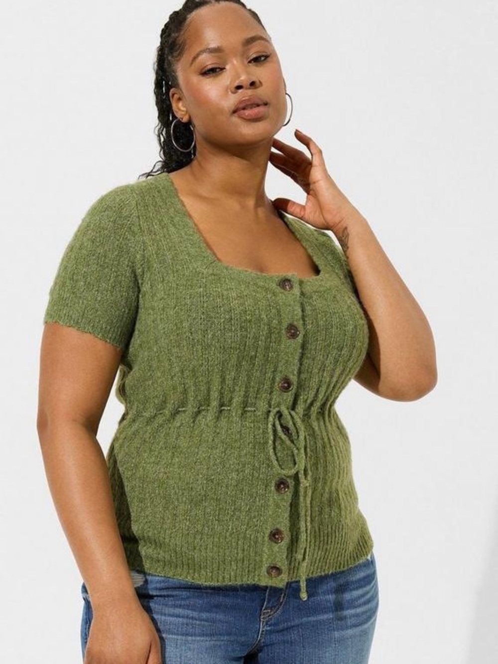Torrid Vegan Cashmere Square Neck Tie Pullover Sweater Olive Green Plus Size 3